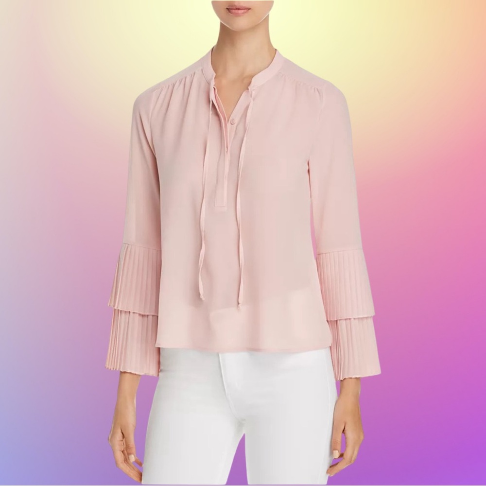 Pale Pink Pleated-Sleeve Blouse with Neck Tie Detail by ‘Design History’.